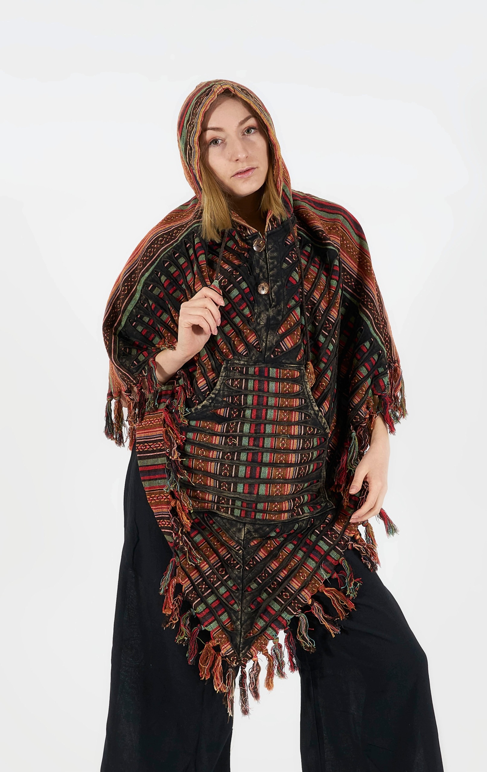 Teplé Etno Poncho pláštěnka Pončo s kapucí z Nepálu psychedelická