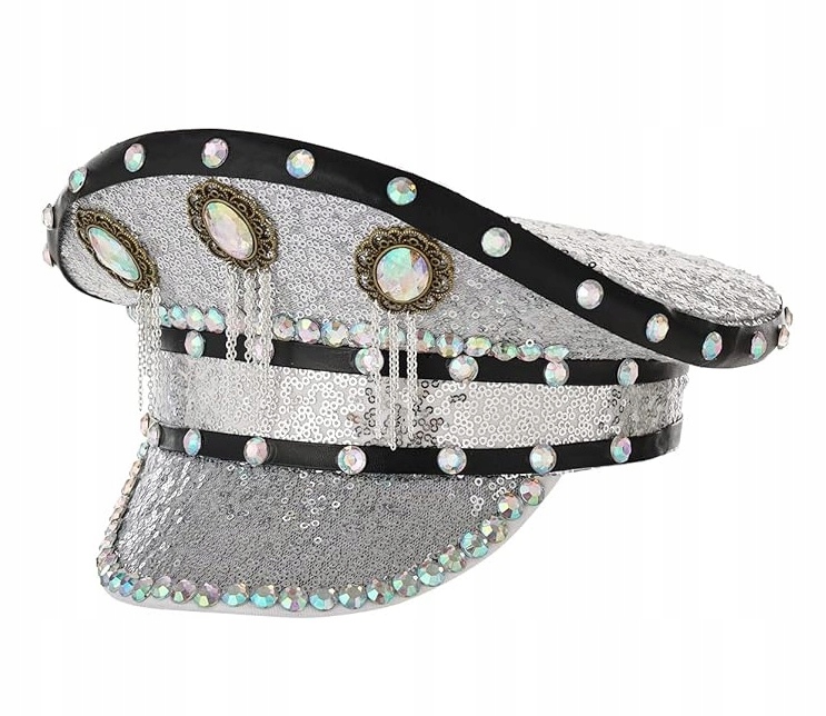 Karnevalový Klobouk Disco kapitána s flitry a zirkony, stříbrný