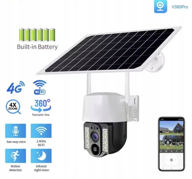 Kamera Ip V380 Pro Solar WiFi Obrotowa Zewnętrzna Hd Aplikacja