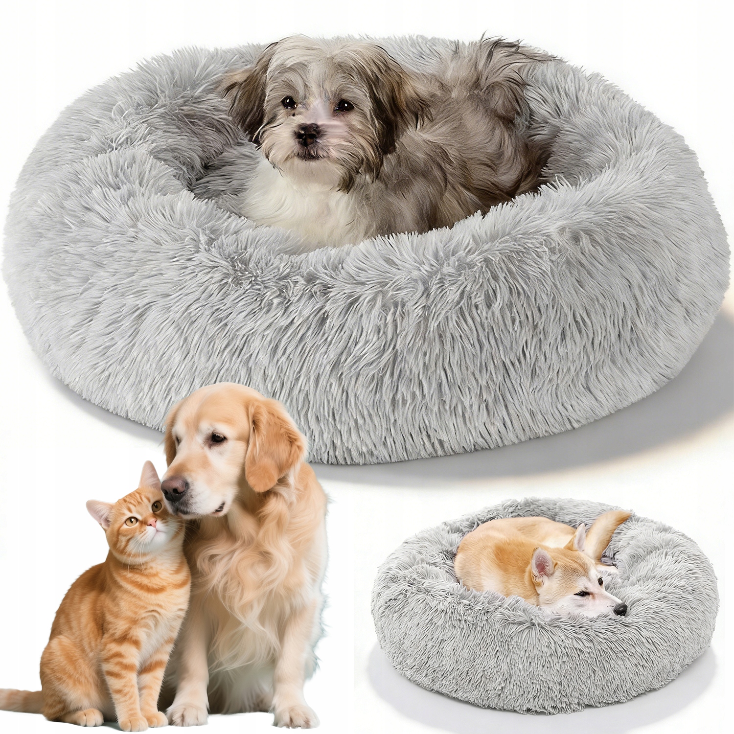 Levně Pelíšek Pro Psa Kočku Chlupaté Potah Měkké Plyšové Světle Šedé 60 CM