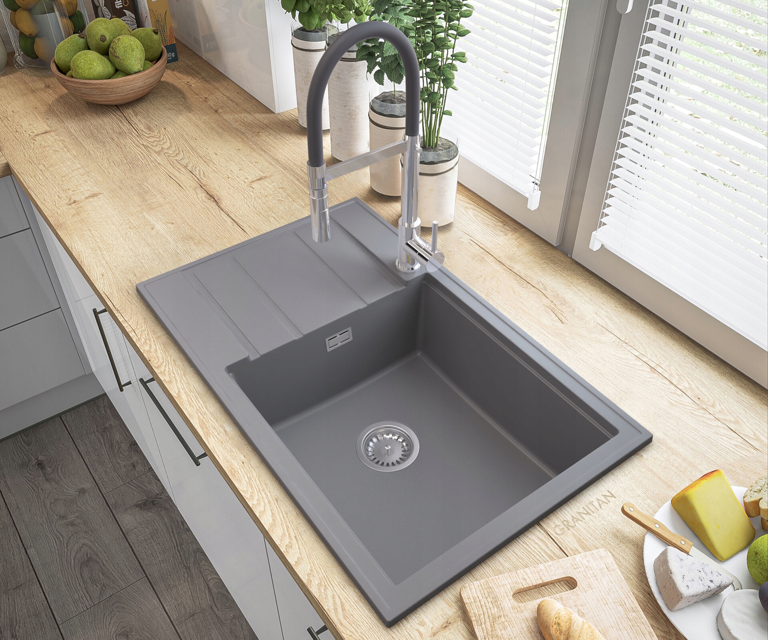 ZLEW GRANITOWY SZARY SYFON BATERIA CHROM LOUIS Marka Granitan