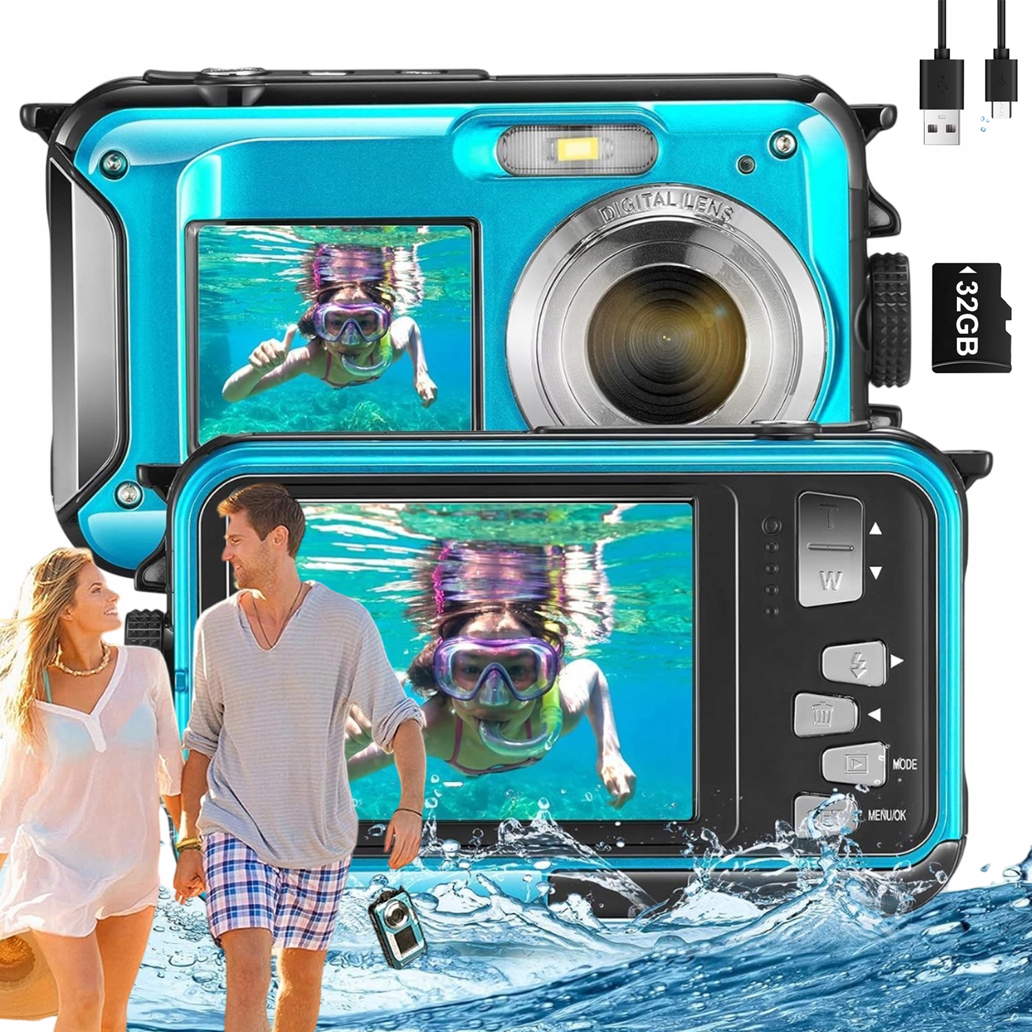 Vodotěsný Digitální Fotoaparát 2.7K Autofocus Dual Screen 16X Zoom Karta 32GB