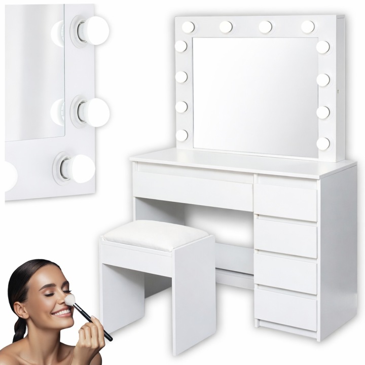 TOALETKA KOSMETYCZNA LUSTRO 5 SZUFLAD OŚWIETLENIE 12 LED + TABORET