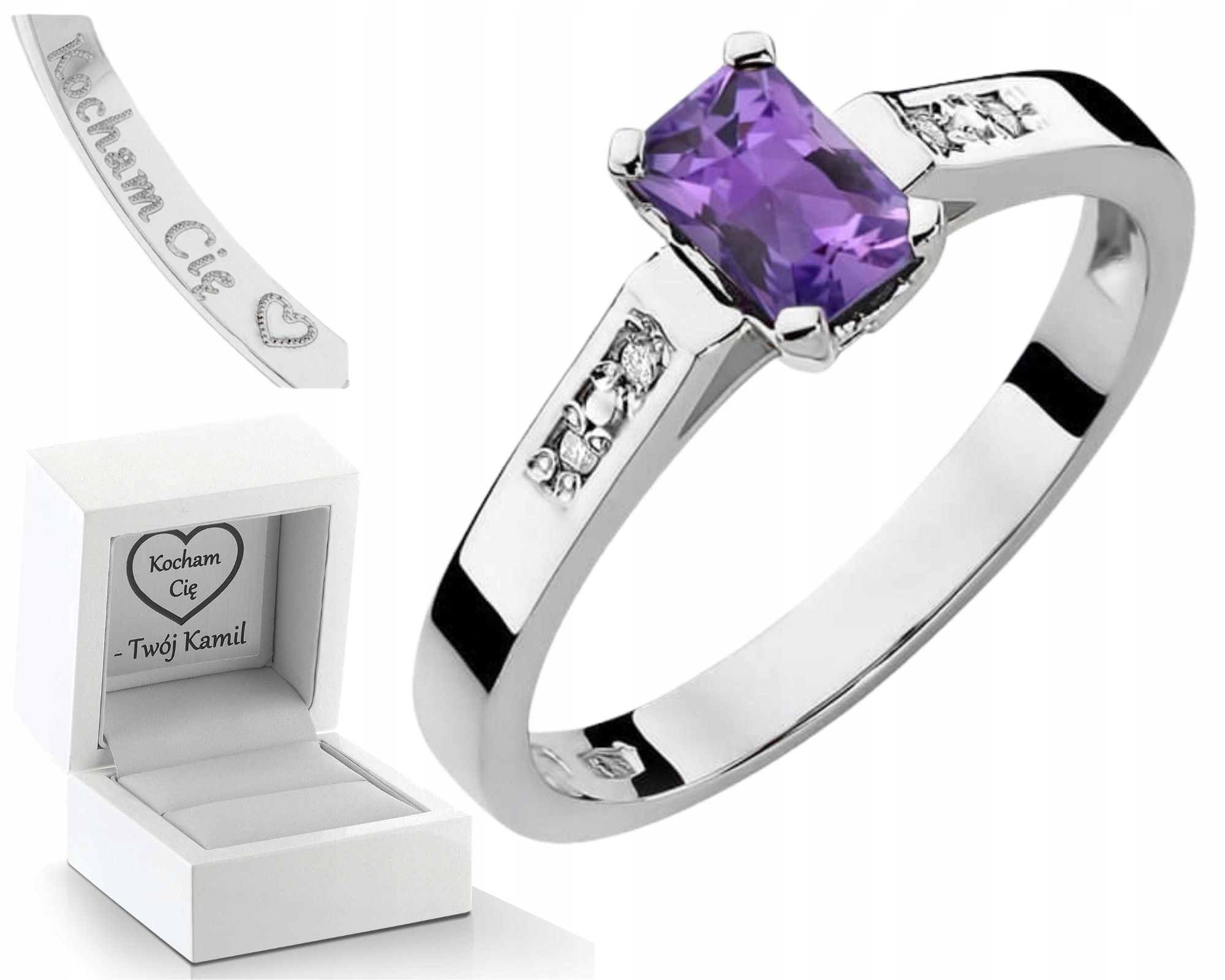Prstýnek Z Bílého Zlata S Ametystovými Diamanty 585 14K Zlato Dárek Gravírování