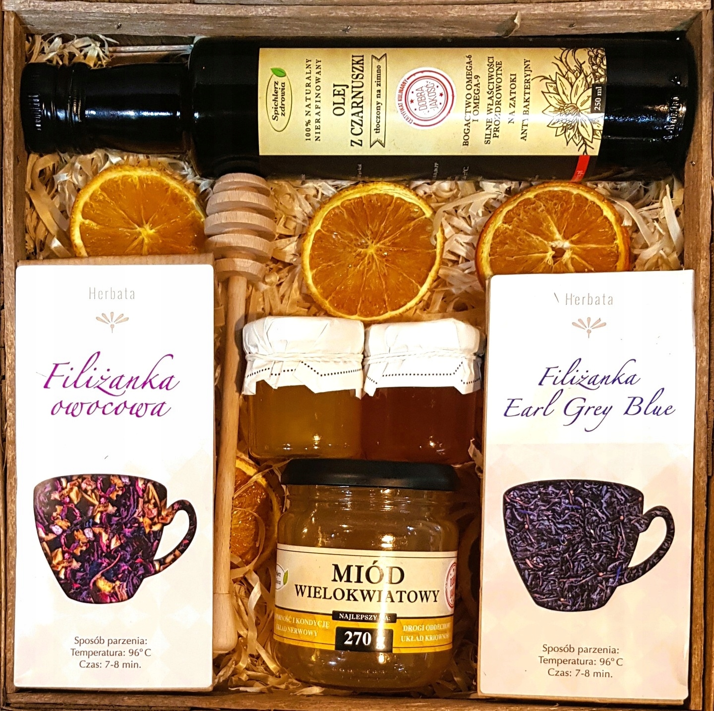 Levně Dárkový Koš Dárek Olej Z Černého Medu Čaj K Svátku Narozenin