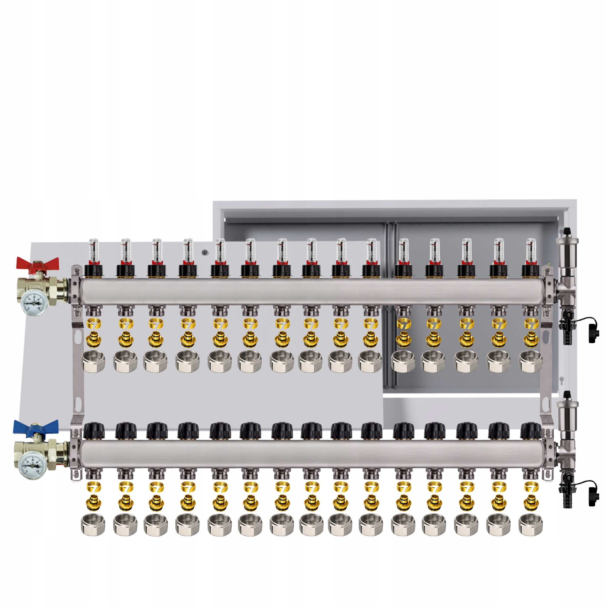 Nerezový rozdělovač podlahovky 15 okruhů box ventily Pex