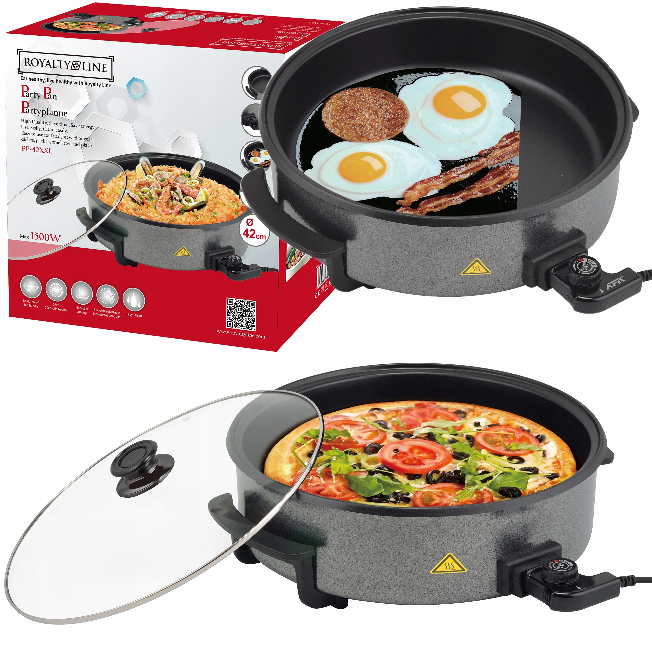 Elektrická Pánev Velká XXL Nepřilnavá Multipánev 42 cm Výkon 1500 W