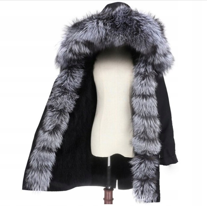 Parka Futro Jenot Srebrny Rudy Lis KOLORY 44 XXL Kaptur z kapturem