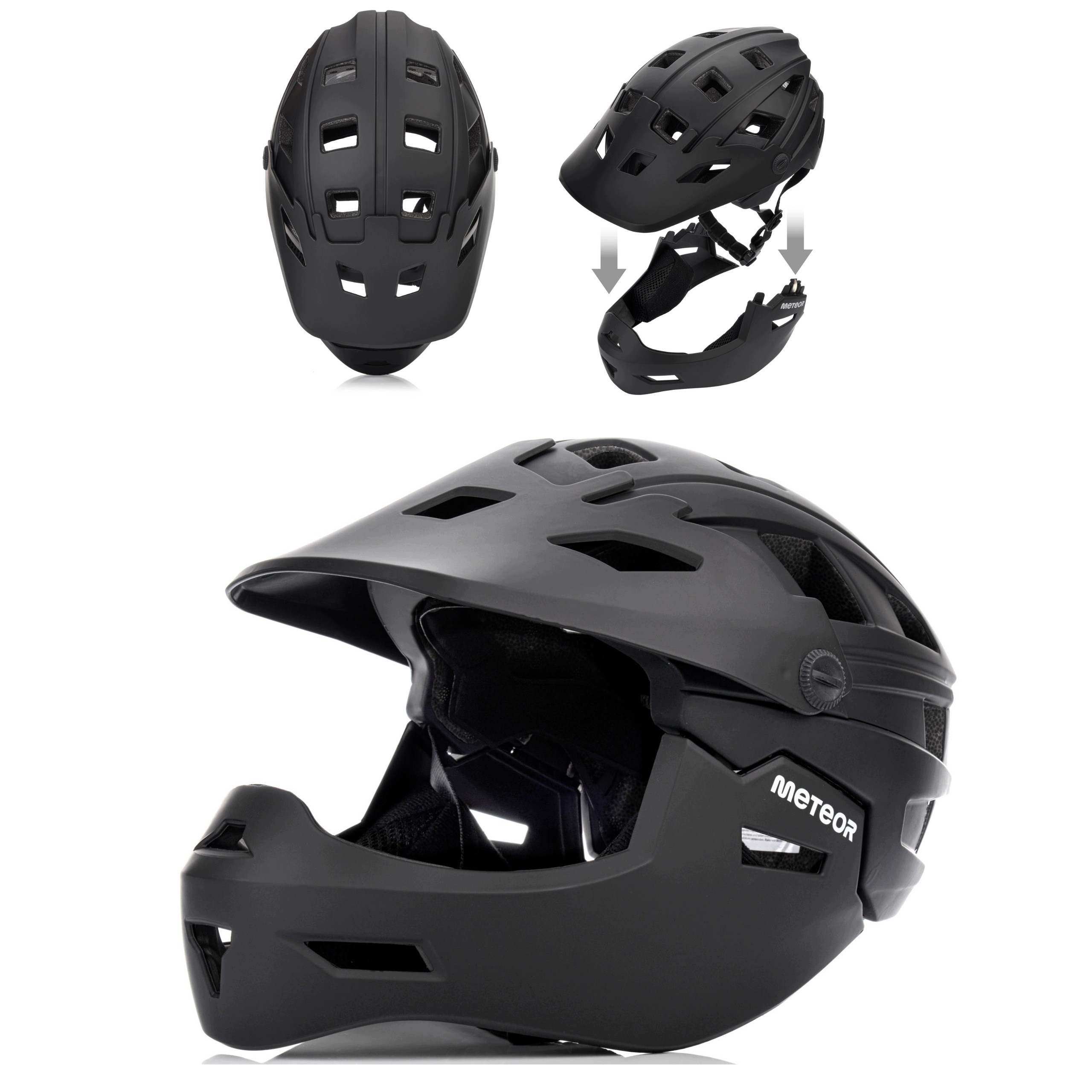 Cyklistická přilba enduro mtb full face, odnímatelná čelist, černá Meteor