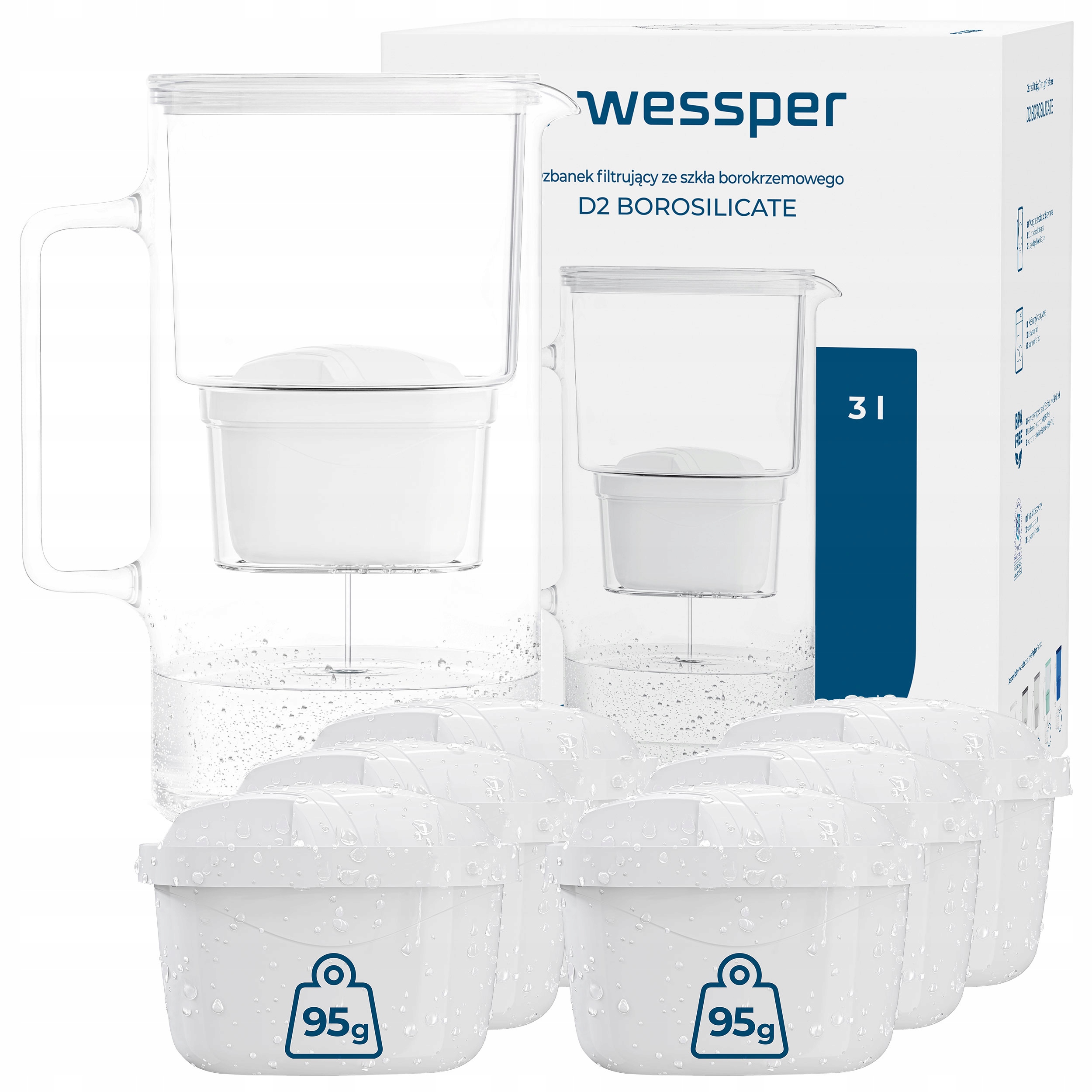 Skleněná filtrační konvice Wessper D2 Borosilicate 3 l bílá 7 x filtr