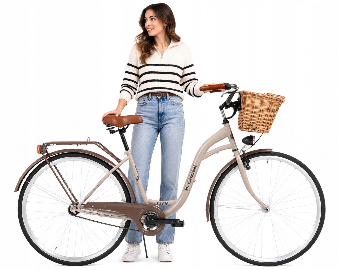 Stylowy rower miejski 28 Kozbike 3 biegi beżowo-brązowy kosz