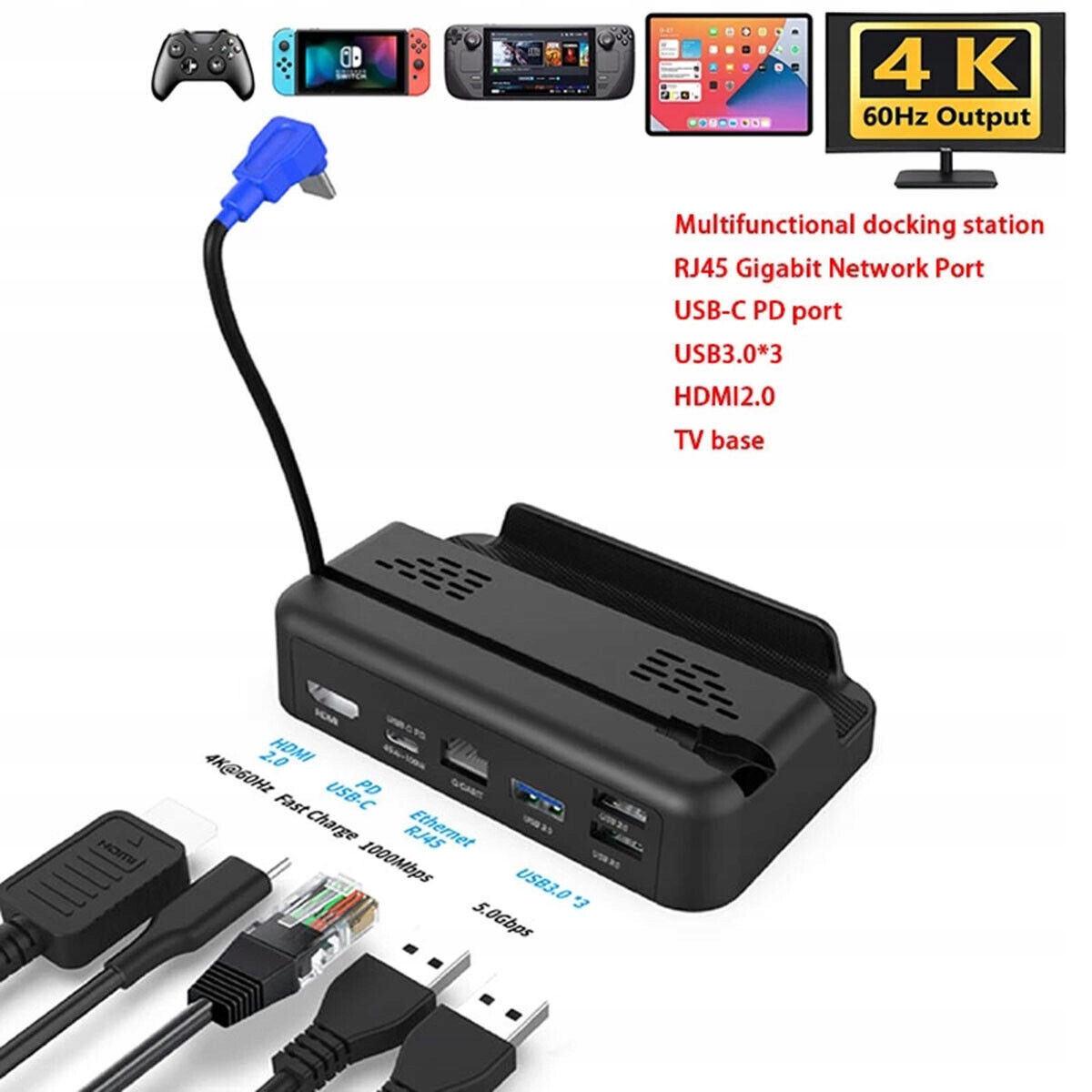 4K TV+3*USB3.0+RJ45 Expansion Dock For Steam Deck