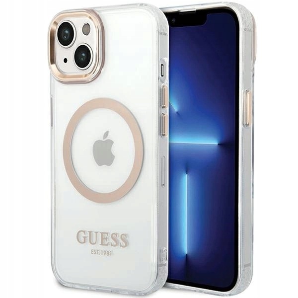 Pouzdro Guess Metal Outline MagSafe pro iPhone 15 Plus 14 Plus zlaté