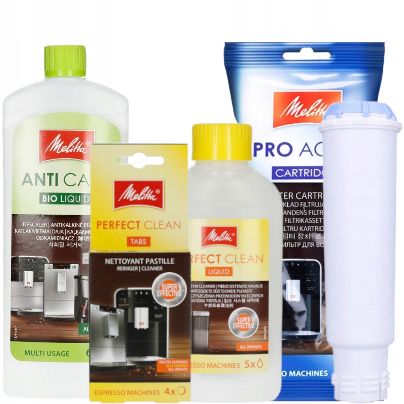 Zestaw Melitta 4w1 Do Czyszczenia Ekspresu Odkamieniacz Tabletki Płyn Filtr