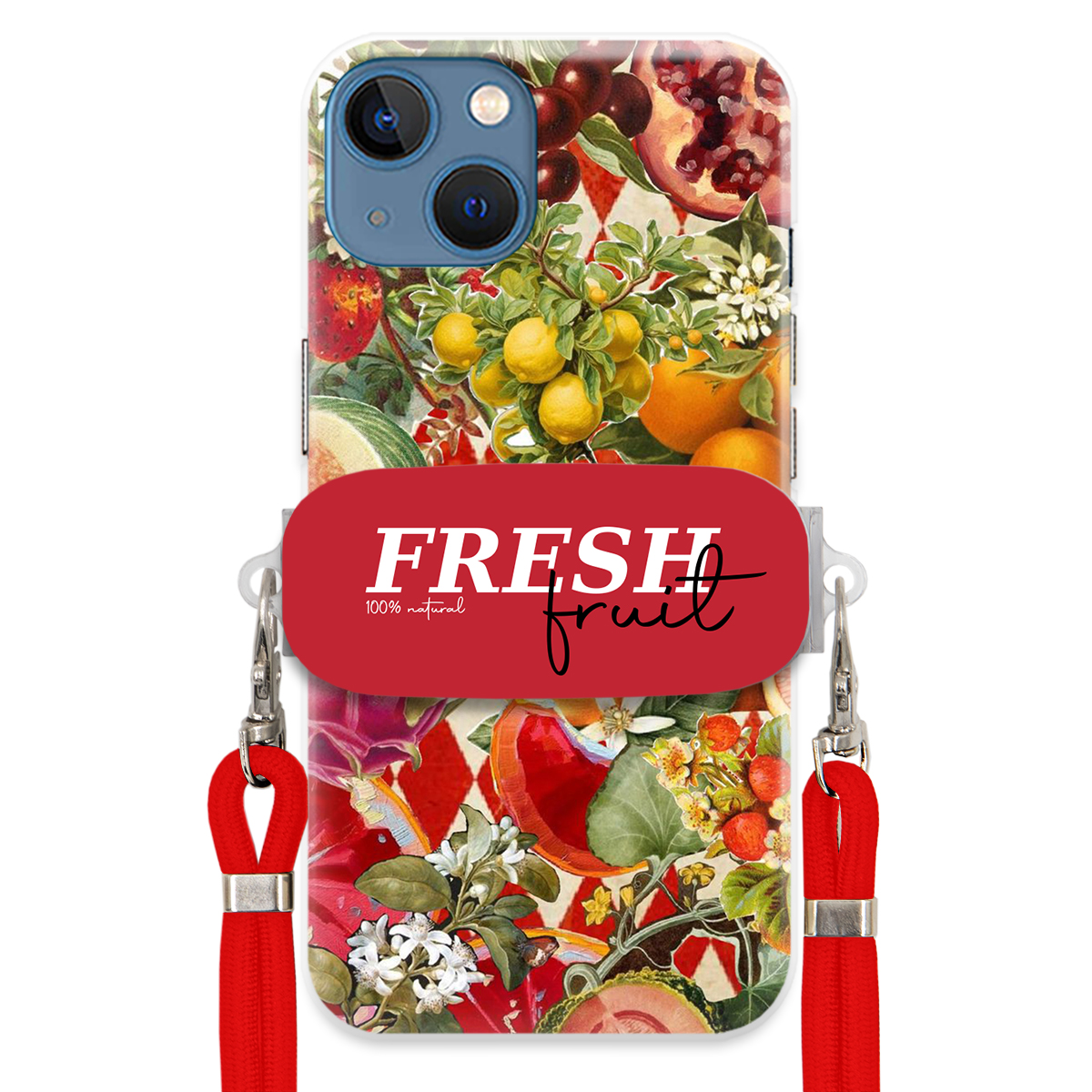Puzdro pre iPHONE 15 Červené Crossbody vodítko držiak Fresh Fruit Ovocný