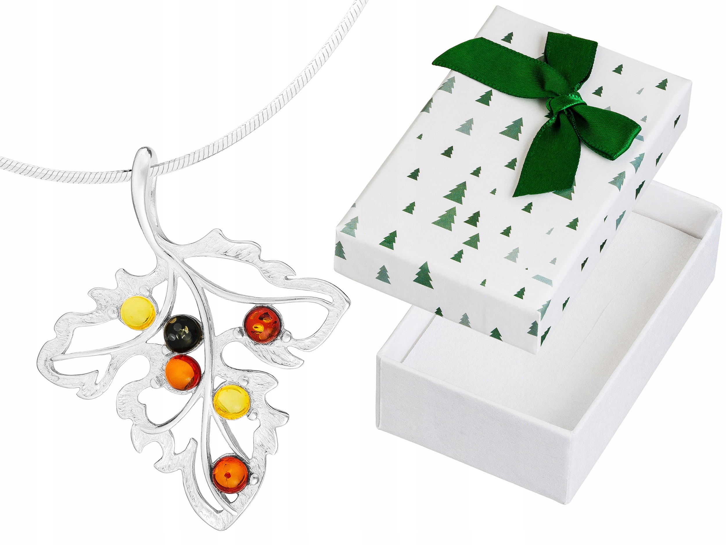 Dlouhý stříbrný dámský barevný náhrdelník s listy a jantarem Stříbro 80