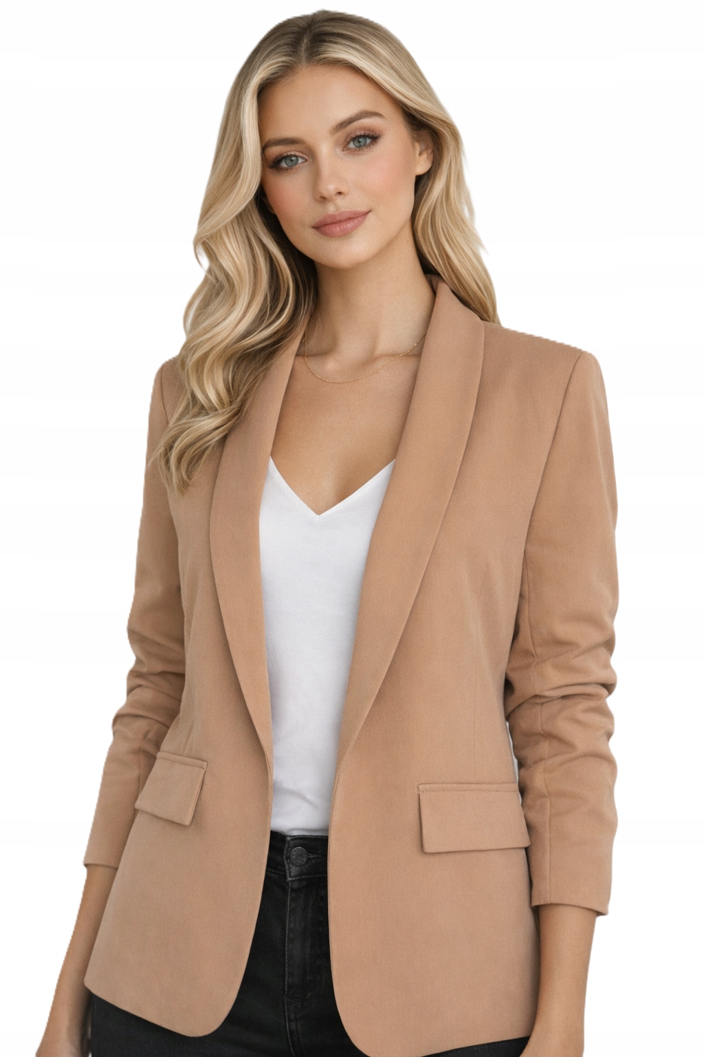 Marynarka Damska ID8895 Camel narzutka drapowane rękawy