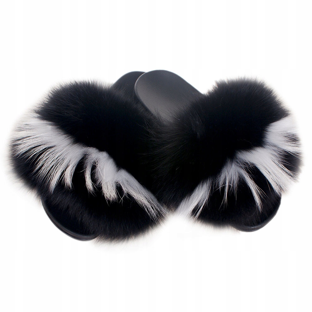 Damskie klapki z czarno-białym futrem 39