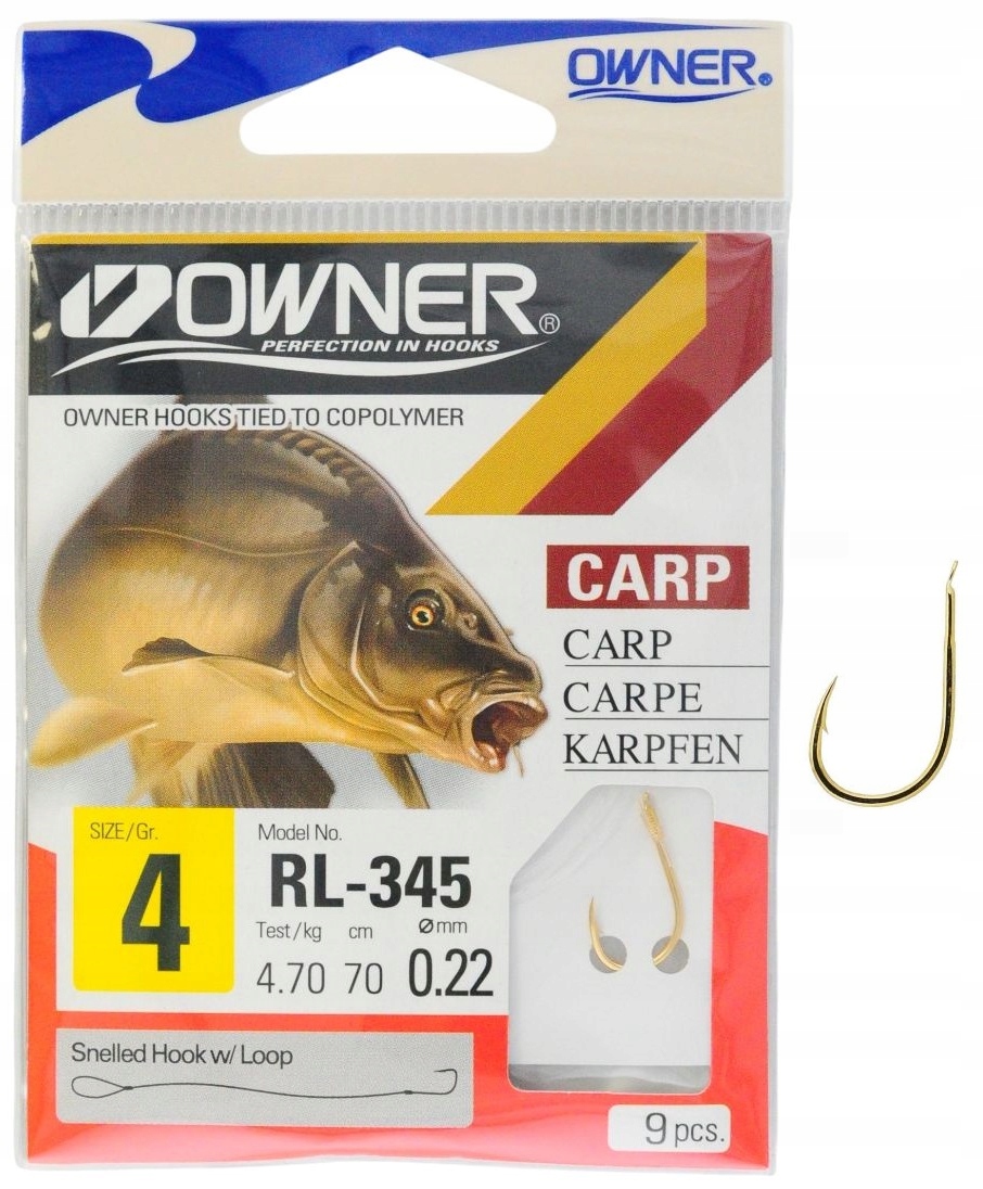 r.4 Haczyki z przyponem wiązane złote Owner Chinu RL-345 Carp Karp Leszcz
