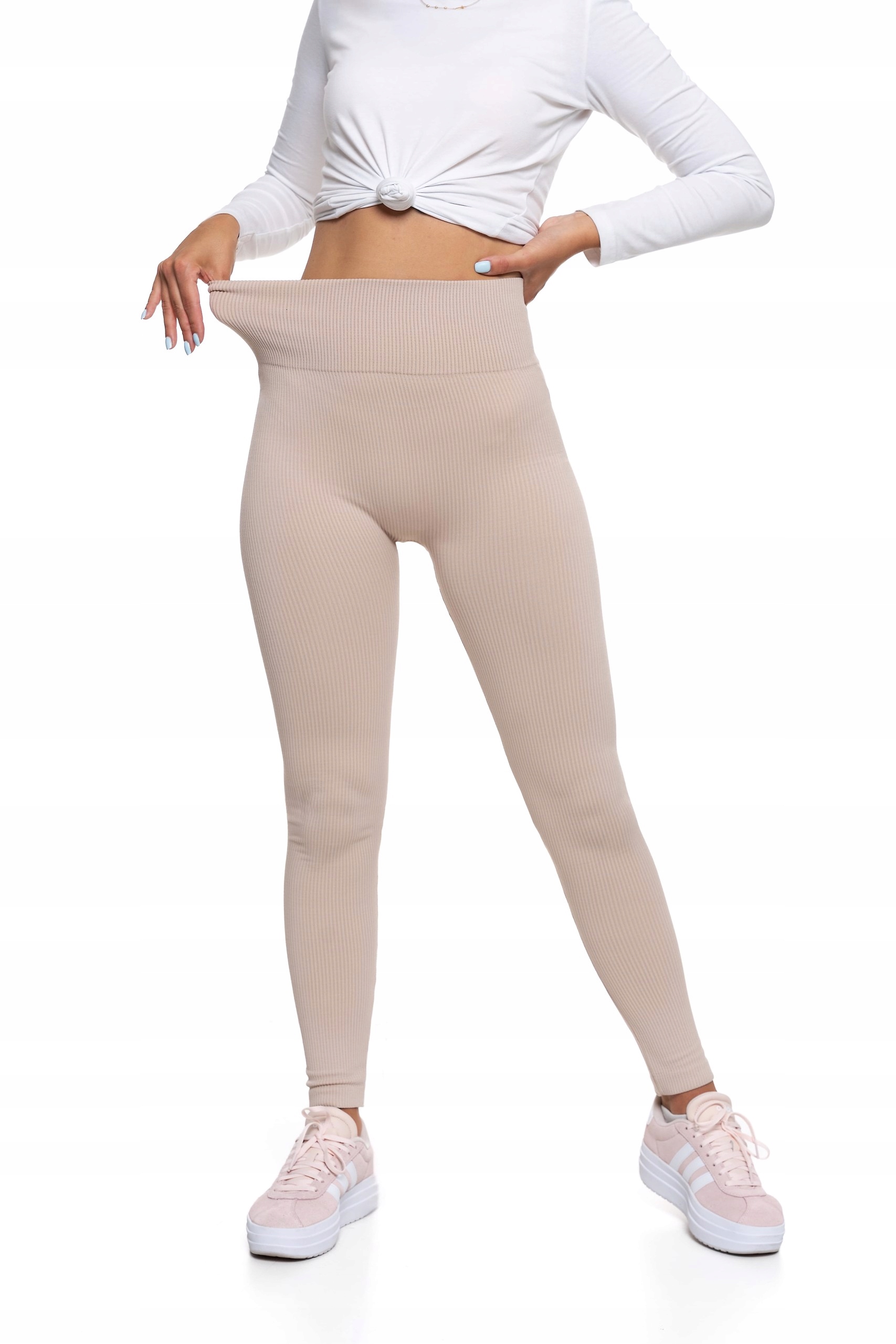 LEGGINSY DAMSKIE MORAJ Z WYSOKIM STANEM PRĄŻKOWANE WYGODNE BEŻOWE S/M Linia regular