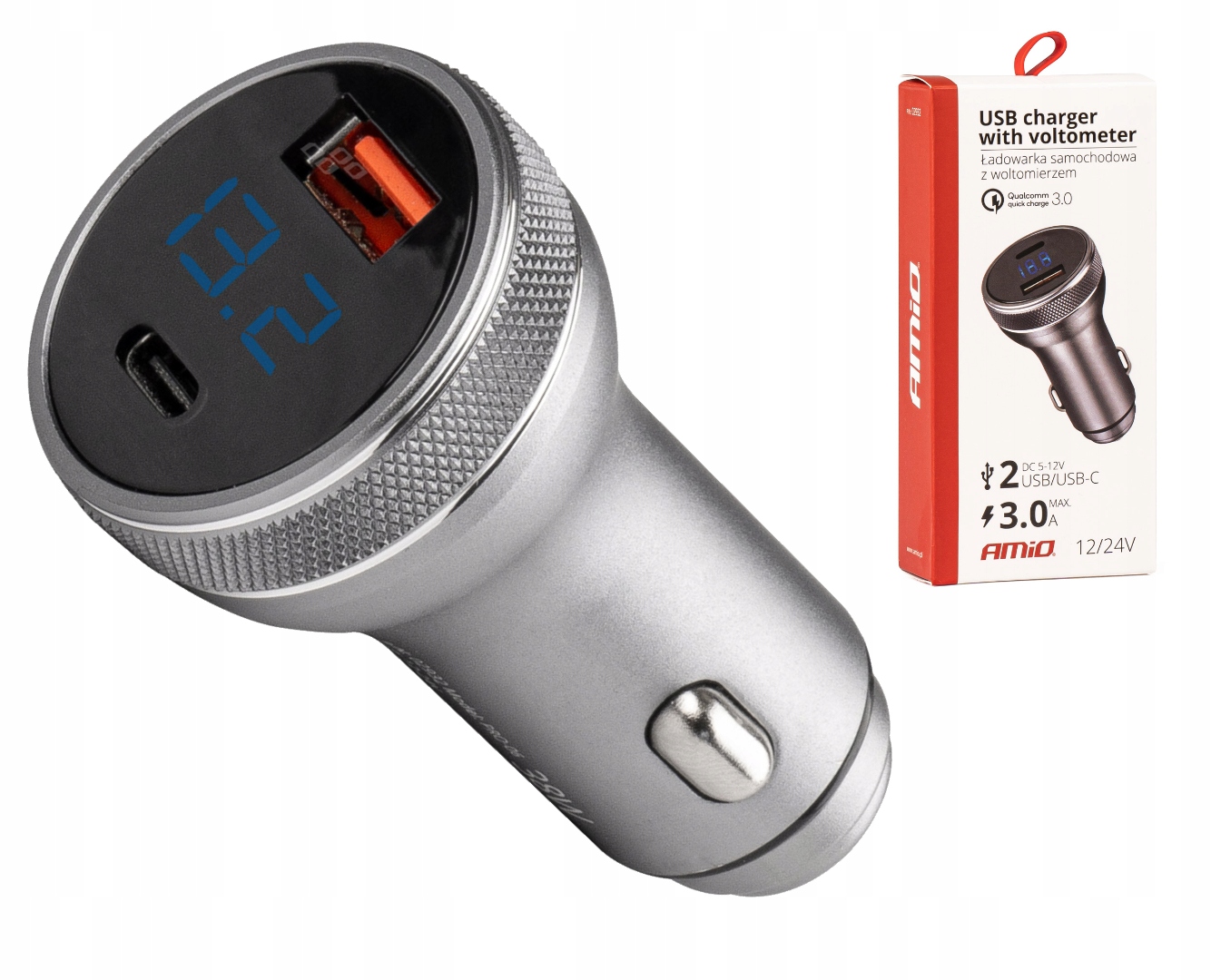 Ładowarka samochodowa z woltomierzem 38W USB USB-C