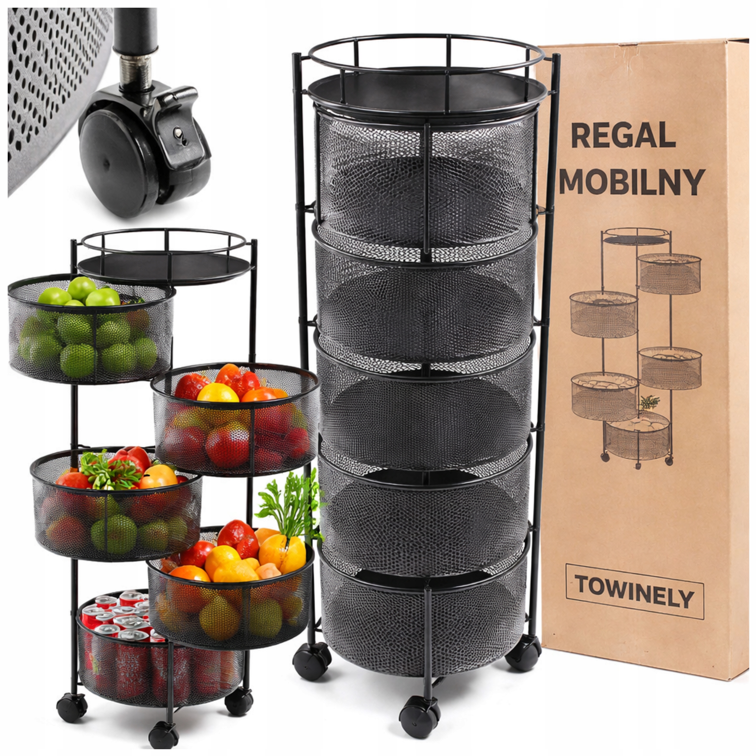 Mobilní regál 90 cm, kuchyňský stolek na kolečkách, 5 košů, zelenina, ovoce, vozík