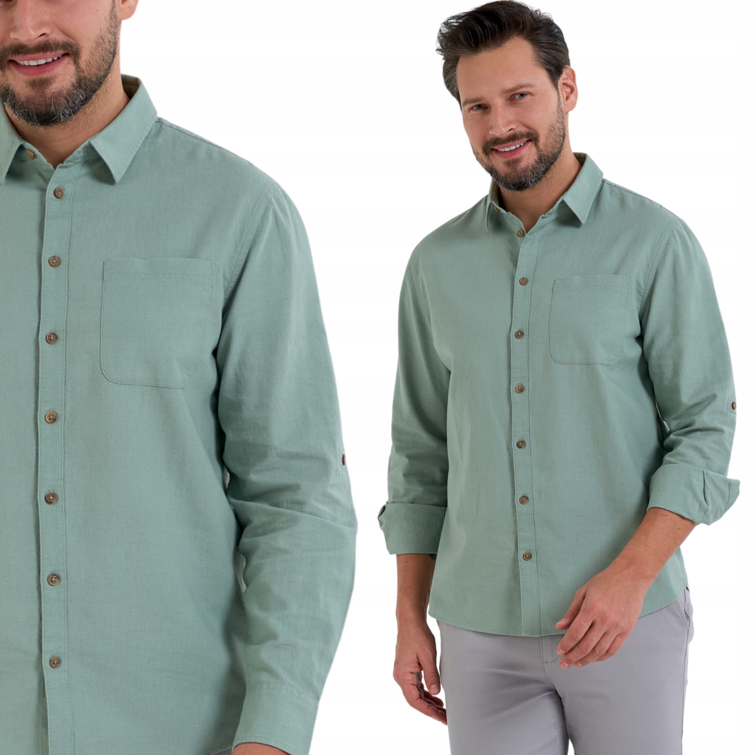 Klasyczna Gładka Koszula Męska z Lnem Długie Regulowane Rękawy Moraj M