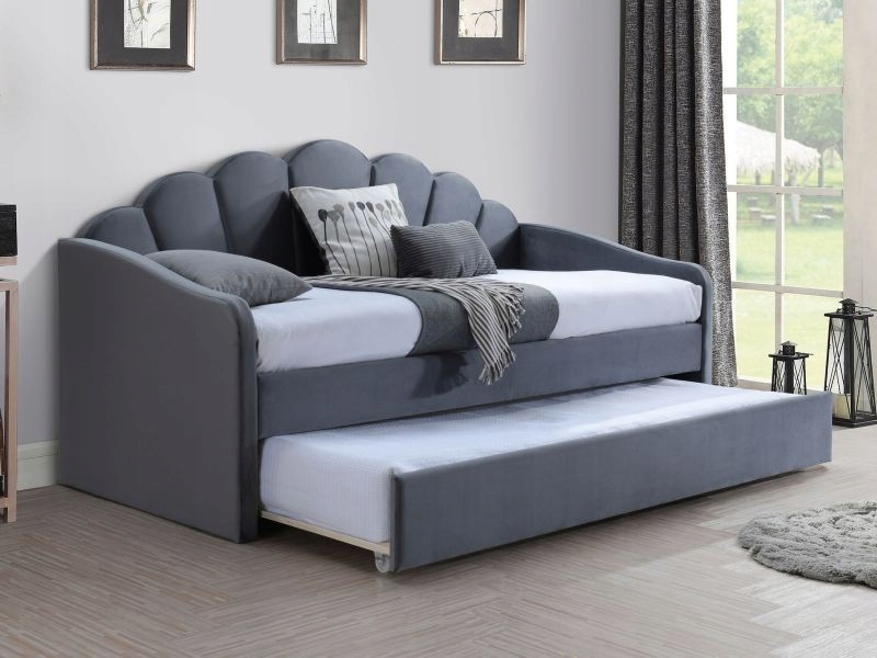 Łóżko Rozkładane Z Szufladą Sofa 90x200 Szare Aksamitne Muszla Bella Signal