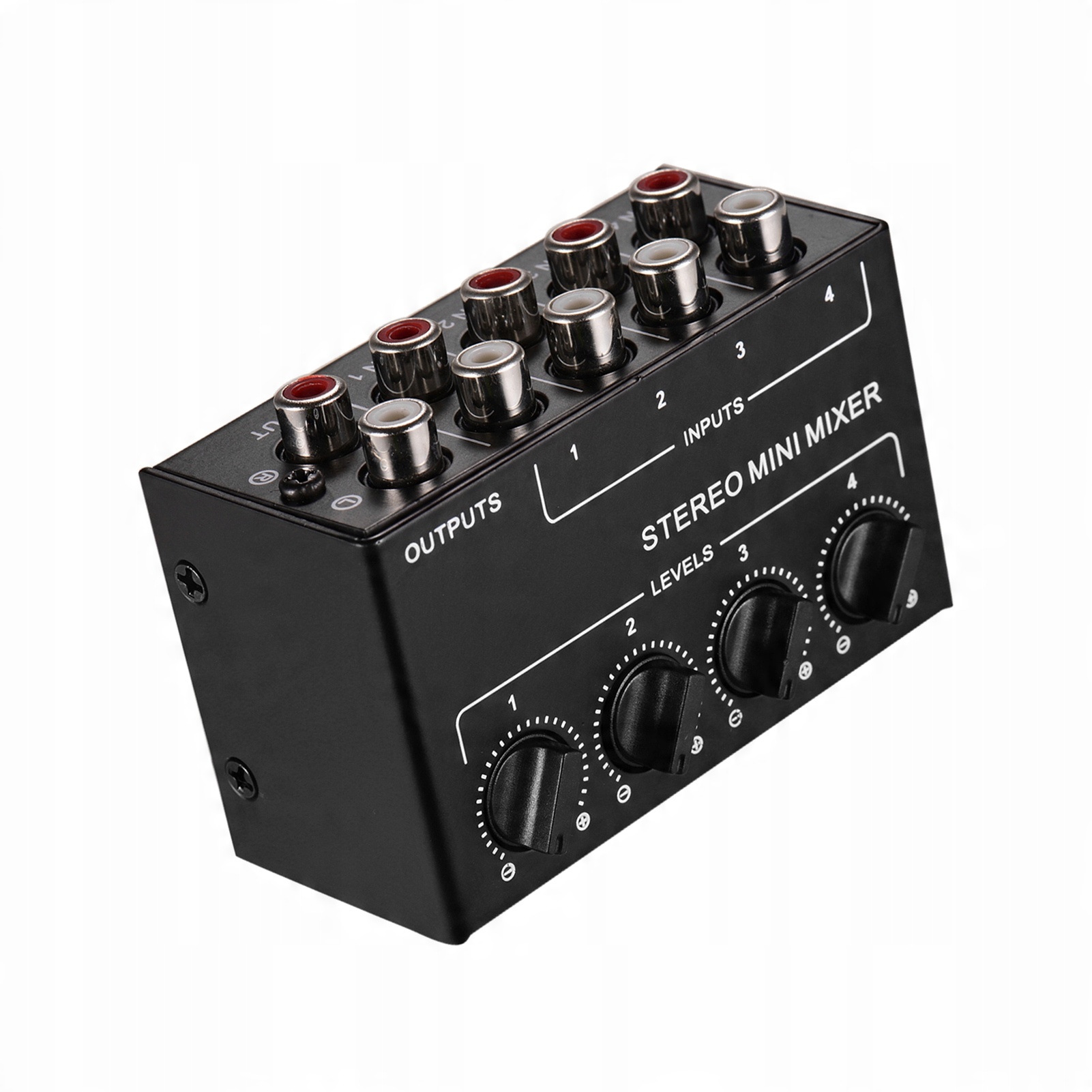 

Mini mikser audio stereo z 4-kanałowymi wejściami