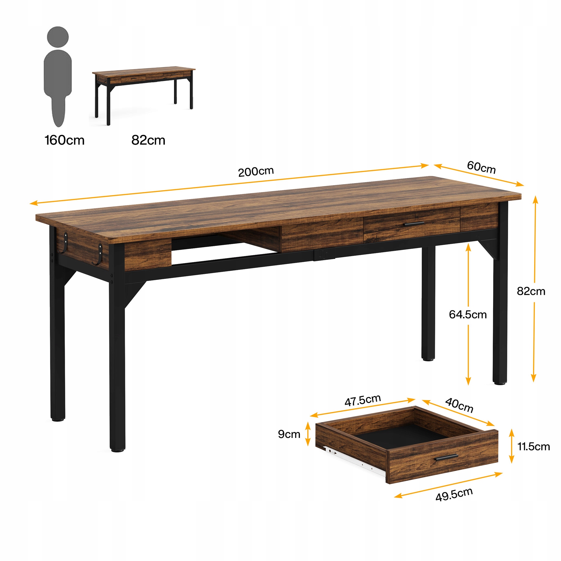 Biurko dla dwóch osób 200 cm, długie biurko komputerowe z 2 szufladami EAN (GTIN) 036659118551