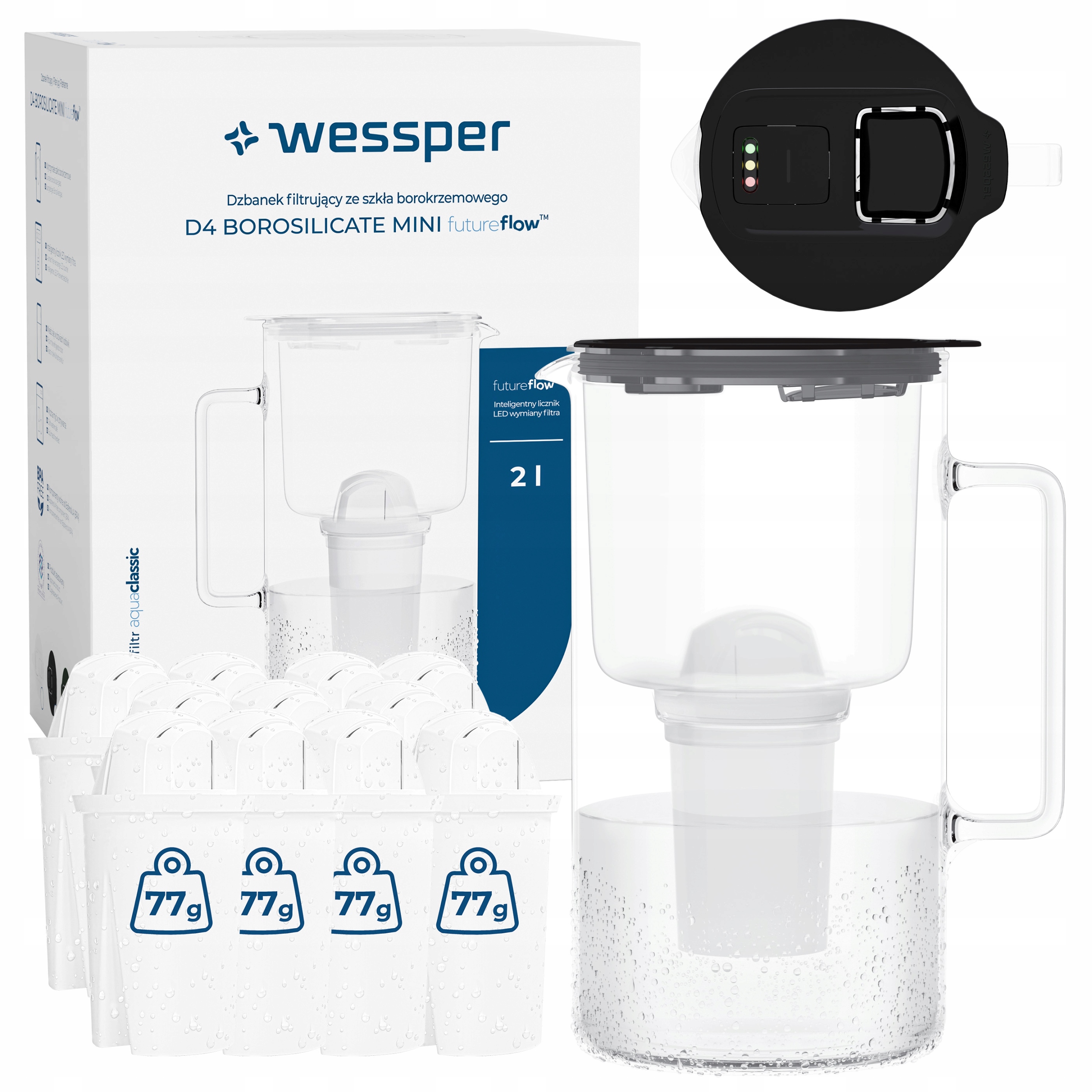 Skleněná filtrační konvice D4 Borosilicate Mini Led počítadlo 2 l 12 x filtr