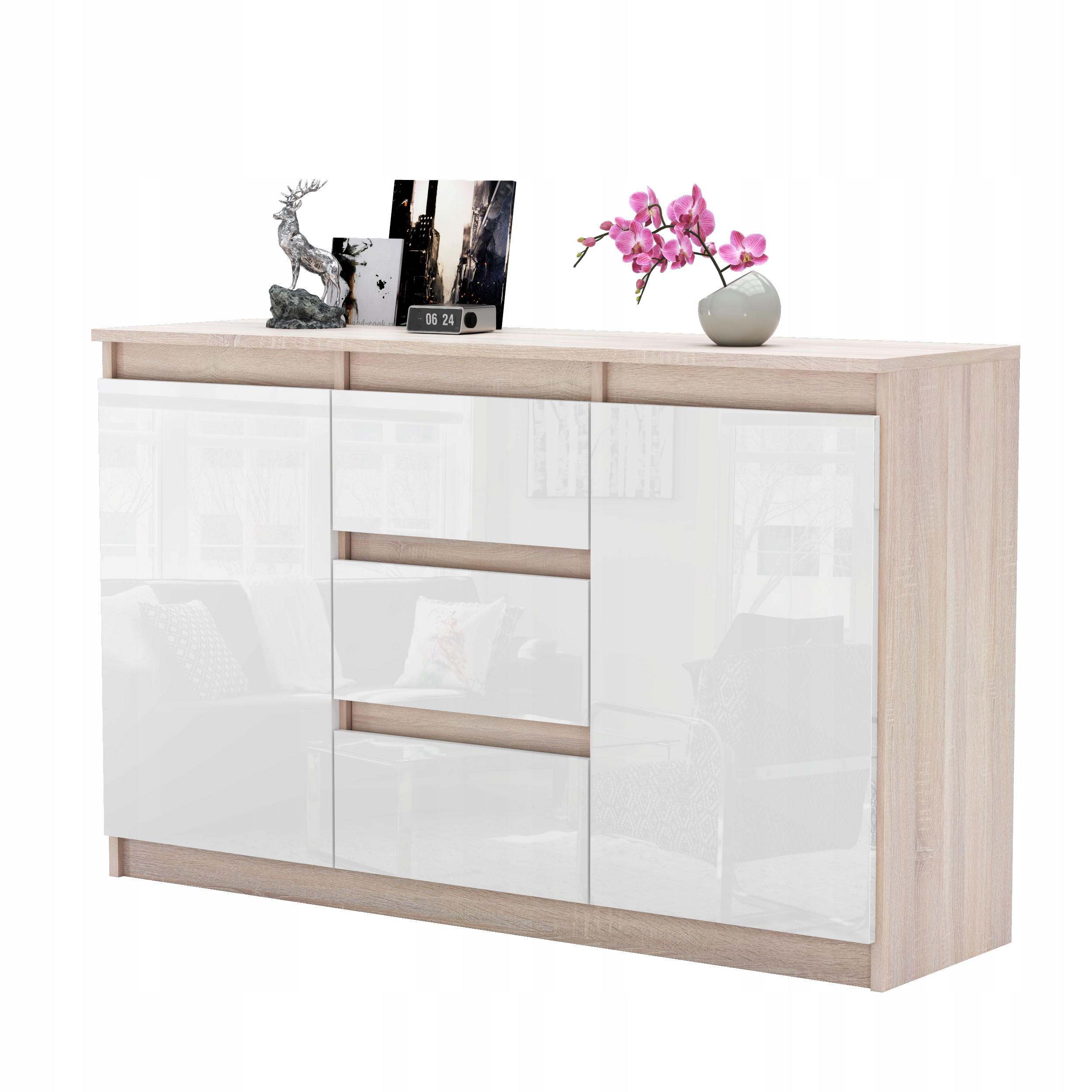 Komoda AGA 120CM BIAŁA/BIAŁY POŁYSK Pojemna Szafka 3 Szuflady MIX KOLORÓW Głębokość mebla 35 cm