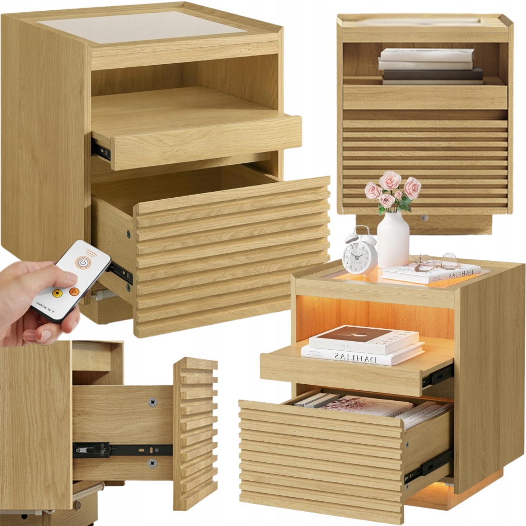 Stolík Nočná Skrinka Bočná Led do spálne s poličkou a zásuvkou Snímač pohybu