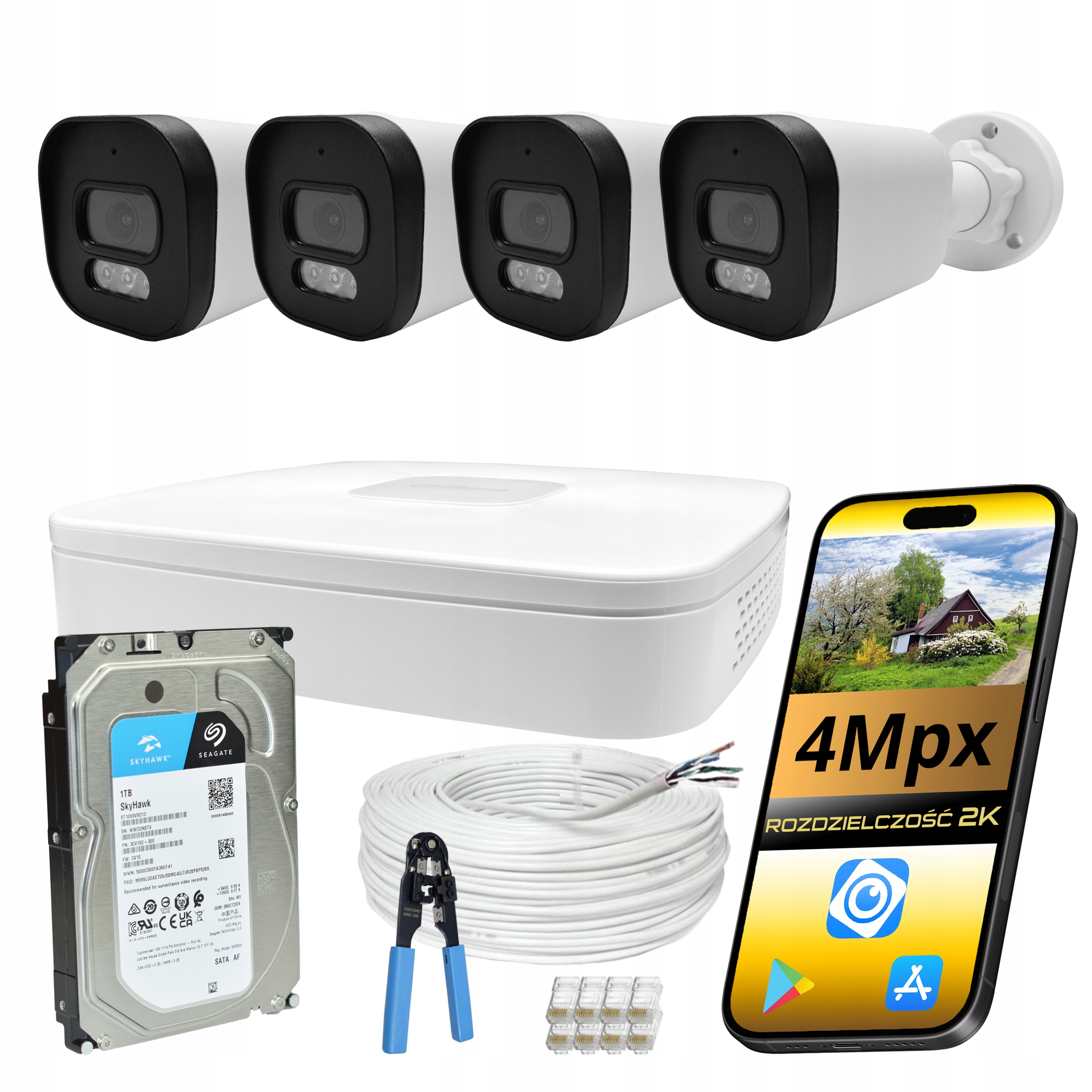 Monitorovací Sada Dahua S 4 Kamerami 4MPX PoE Tuba Dual Light Barevný Disk 1T