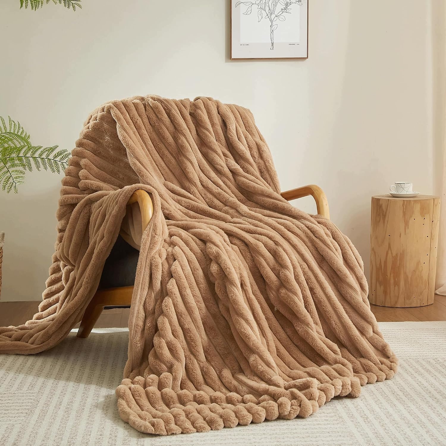 Plyšová deka 200 × 220 cm 3D pruhovaná taupe hnědá Luofanfei