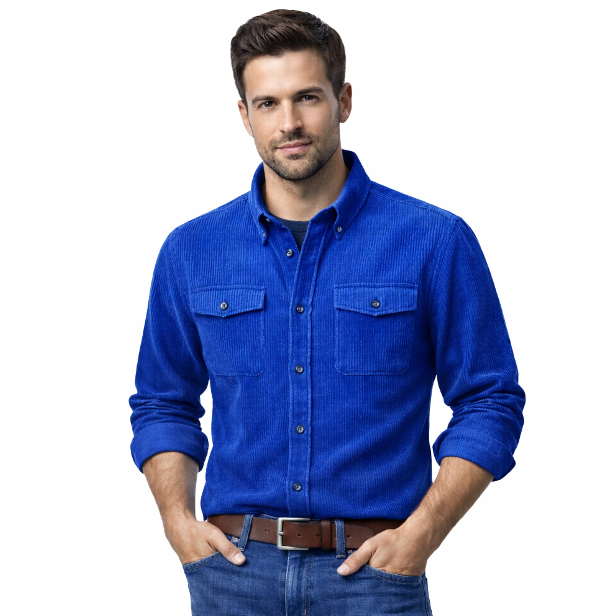 Koszula Męska Sztruksowa Niebieska 100% Bawełna Miękka Casual Wiosenna L