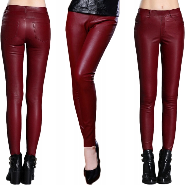 

Skórzane Bordowe Spodnie Eco Skóra Legginsy 46