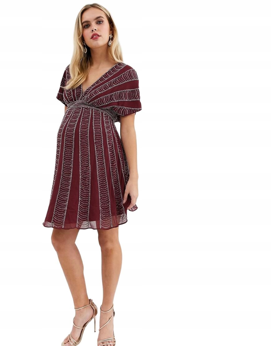 Asos Šaty Mini Bordó Flitry Krátký Rukáv 34/XS Rzm 34