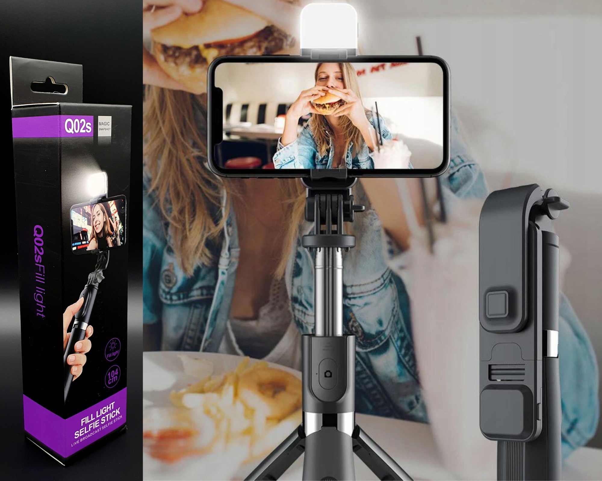 KIJEK DO SELFIE STICK TRIPOD STATYW z PILOTEM z LAMPA BLUETOOTH 104cm 360° Obsługiwane systemy operacyjne Android iOS