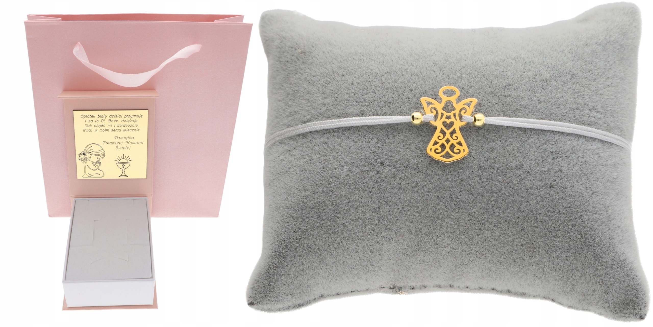 Zlatý zatahovací provázkový náramek Anděl ažurový svaté přijímání Gravírování