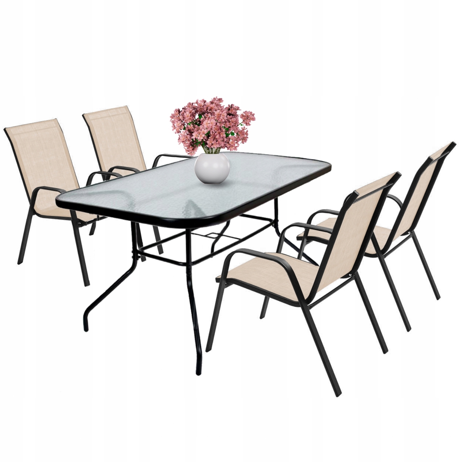 Zestaw Stół Ogrodowy Szklany Z Krzesłami Meble Ogrodowe 4X Krzesła Metalowe