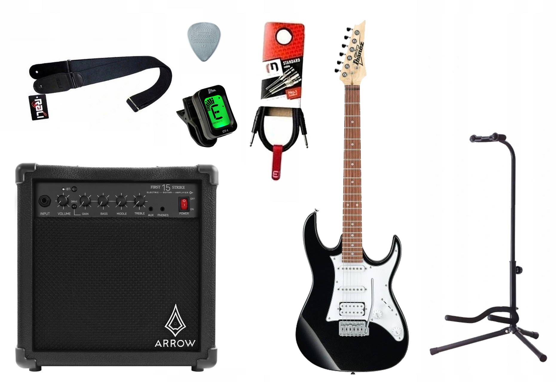 Elektrická kytara Ibanez GRX40-BKN zesilovač 15W, sada kabelů