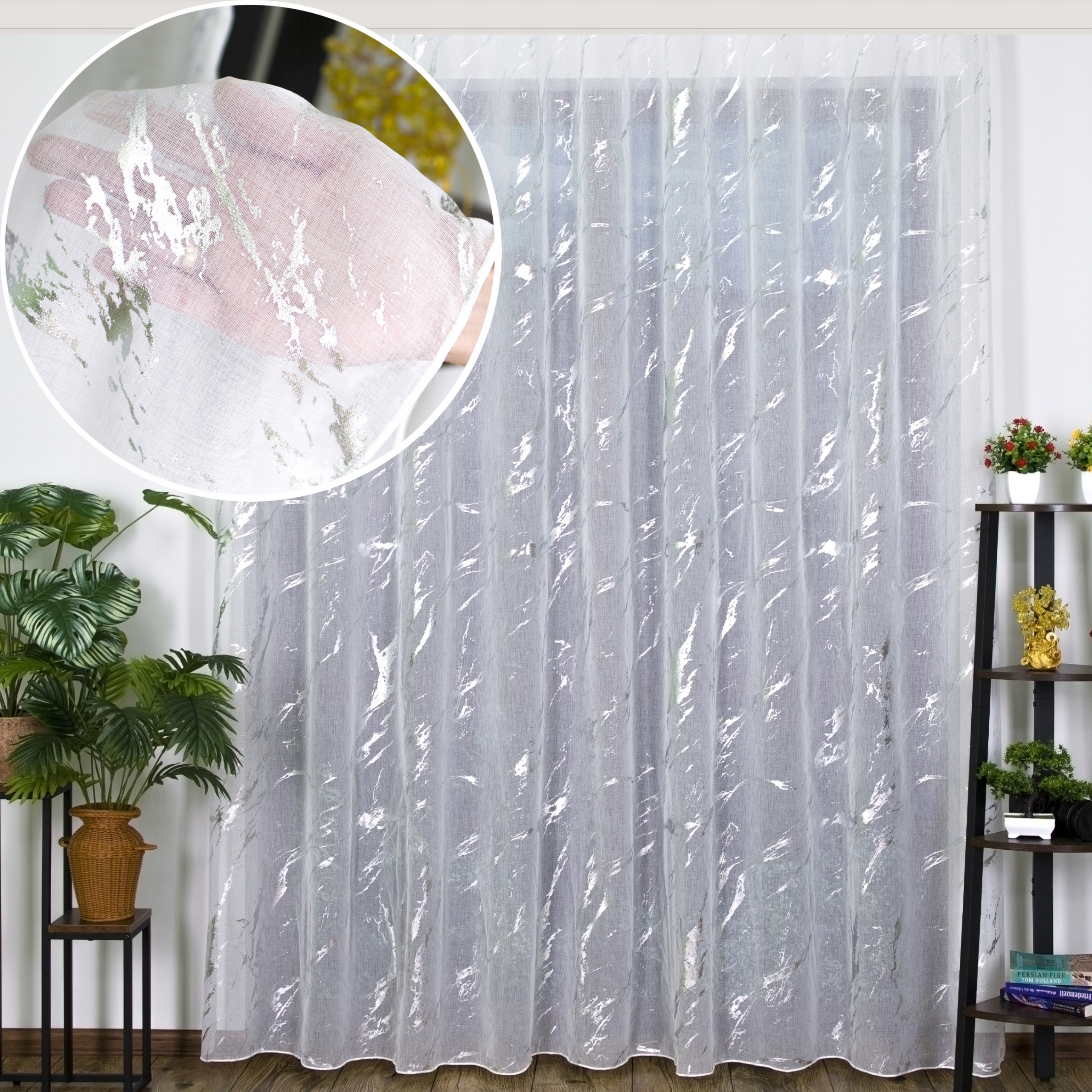 Záclona Alva Mramorek etamin stříbrný potisk 900 x 140 cm s olověnou páskou