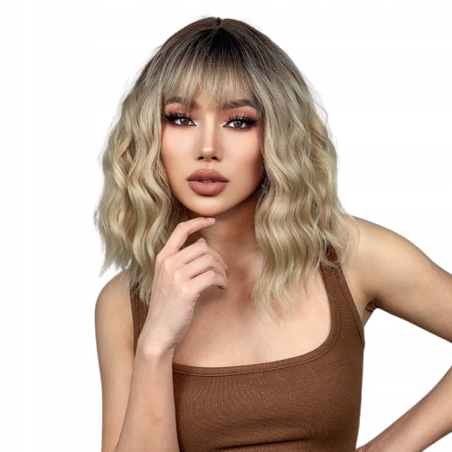 Dámská paruka světle blond vlny ombre s ofinou bob až k ramenům, syntetická