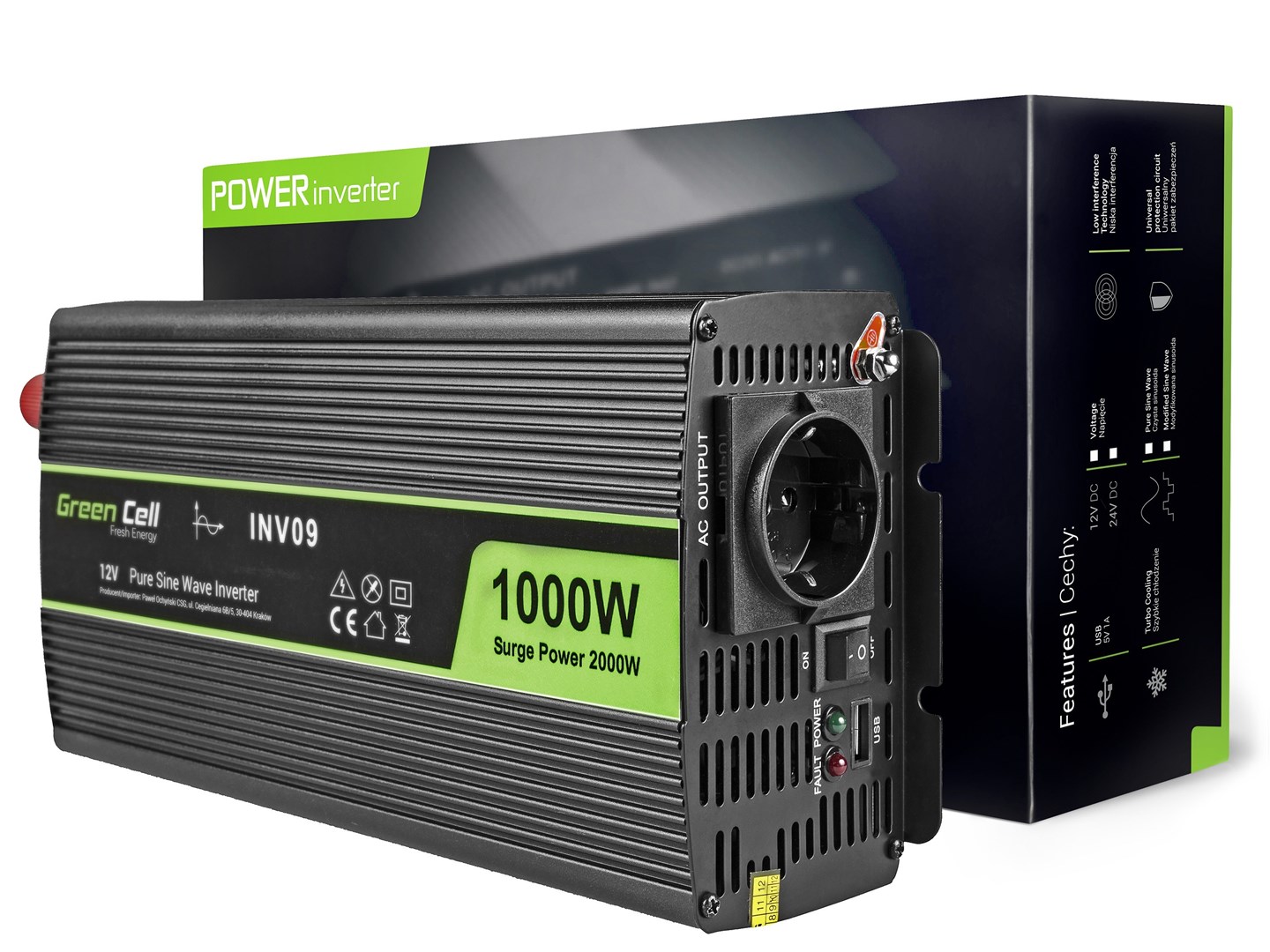 Menič napätia Green Cell 12V na 230V INV09 12V-230V 1000W/2000W