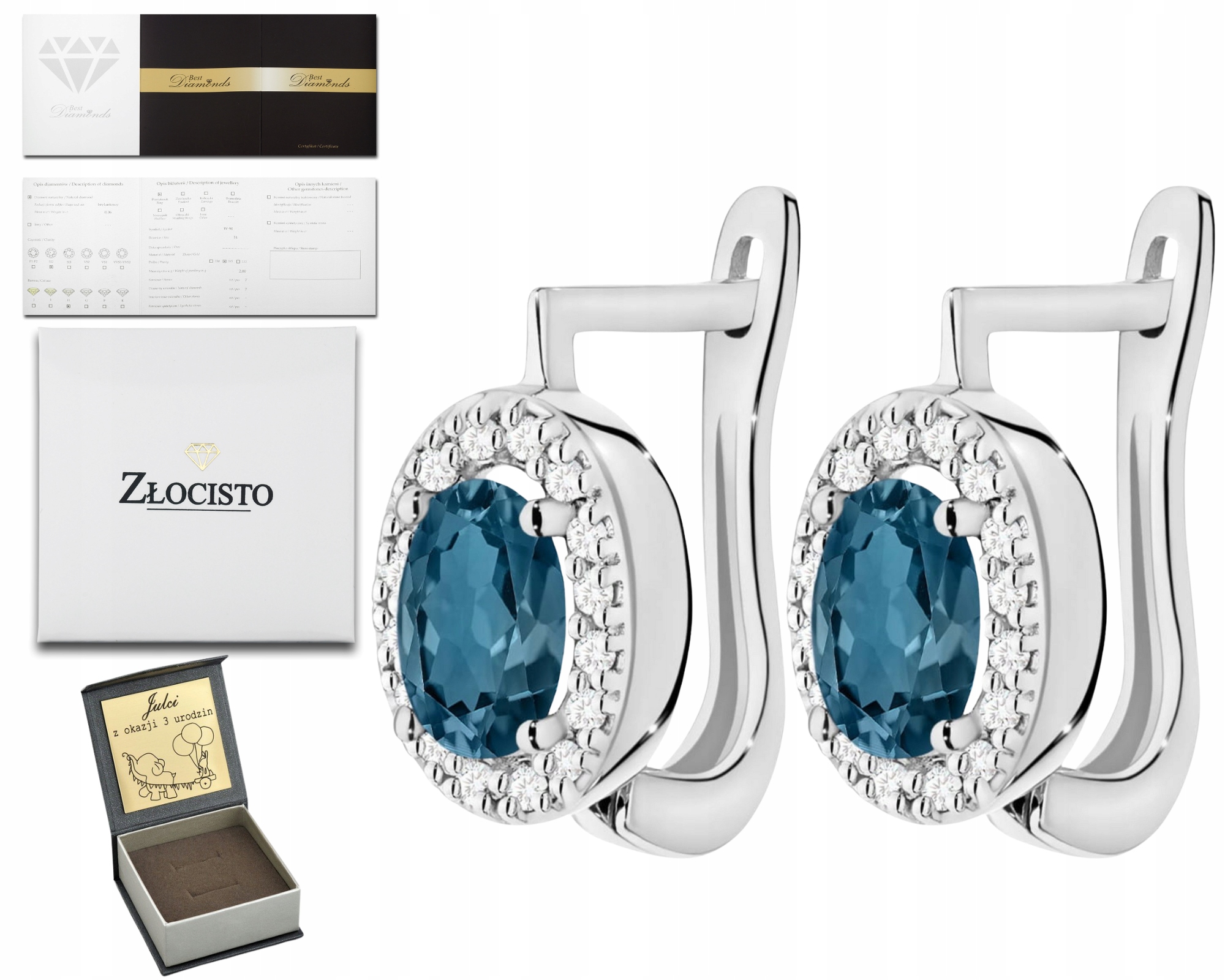 Topaz London Blue Diamanty Brilianty Náušnice Anglické Zapínání Zlato 585