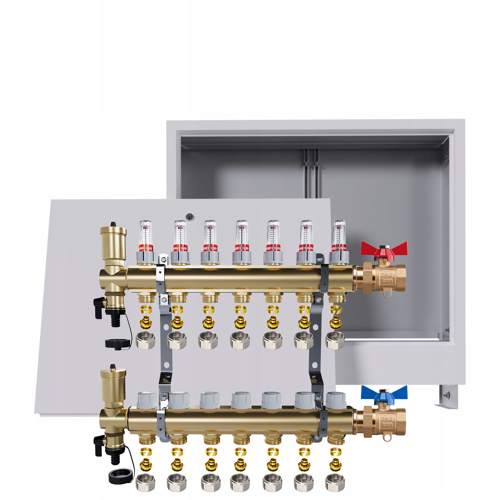 Rozdělovač podlahový mosazný 7 okruhů Podomítková skříň Ventily Pex