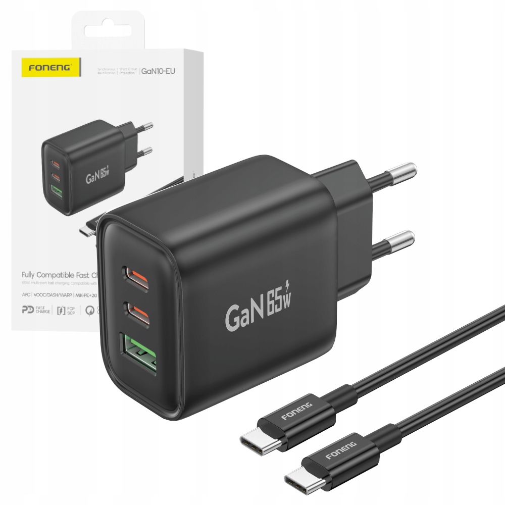 Ładowarka Sieciowa Uniwersalna Foneng GaN10-EU 3XUSB 65W Mocna Kabel Type-c