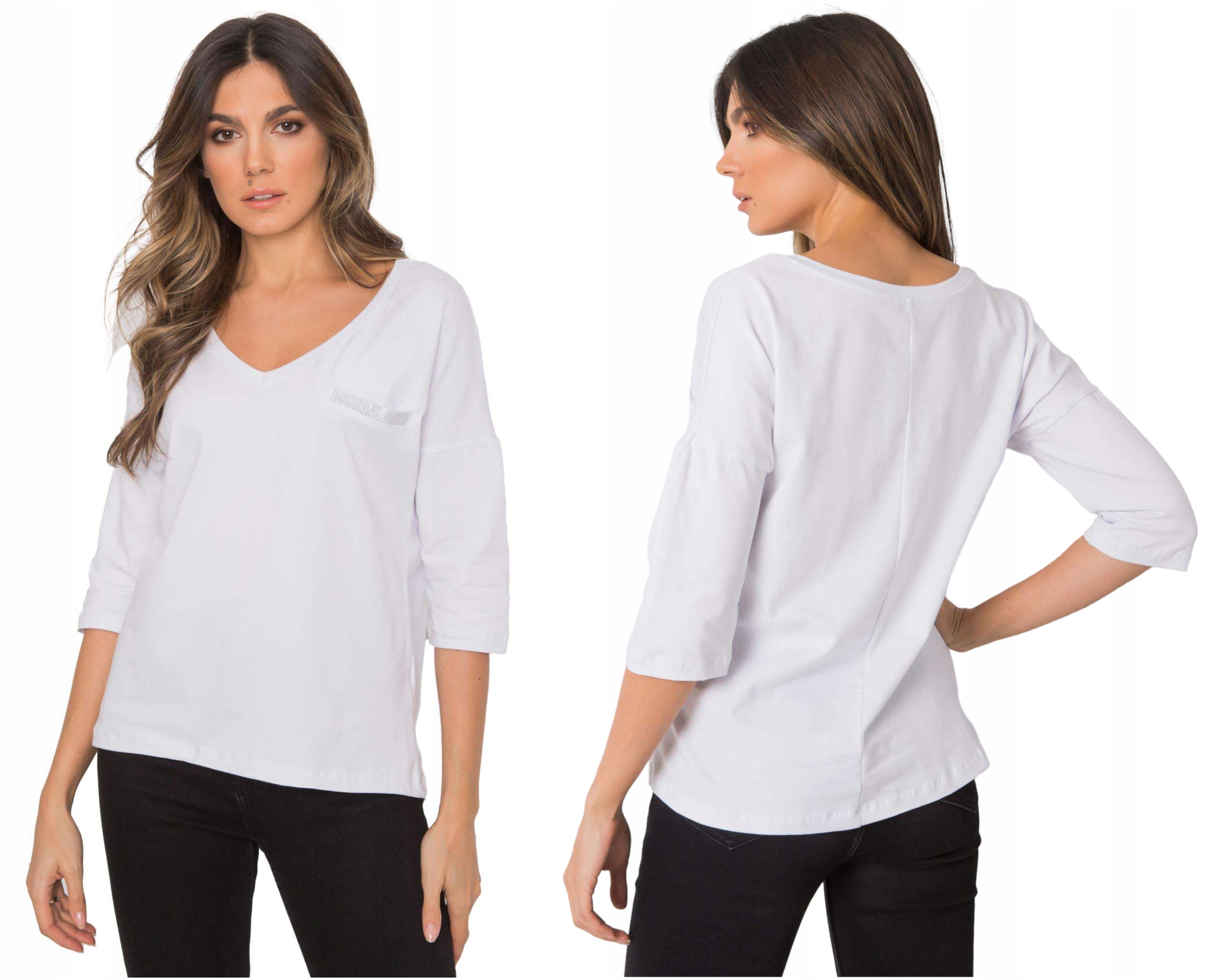 Bawełniana bluzka damska w serek rękaw 3/4 - L/XL