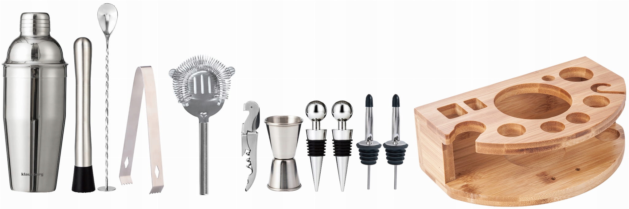 Duży Zestaw barmański do drinków koktajli bar 12-el srebrny SHAKER + STOJAK Producent Klausberg